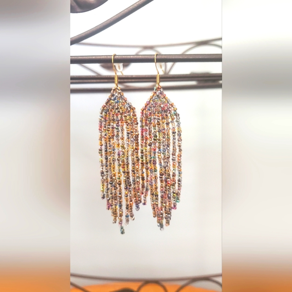 Handwoven Czech Glass Bead Fringe Earrings 18Kt Gold Plated Hooks